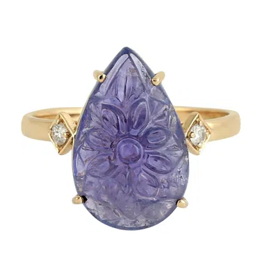 Artisan Women's Blue / White / Gold Tanzanite Gemstone Pave Diamond Pear Ring In Yellow Gold – Carved Fine J In Multi