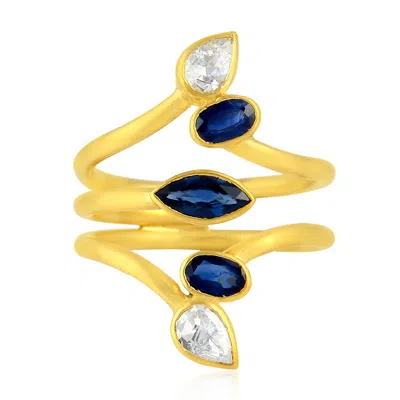 Artisan Women's Blue / White / Gold Yellow Gold Spiral Ring With Natural Blue Sapphires & Diamond In Multi