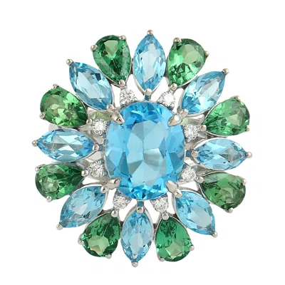 Artisan Women's Blue / White / Green Blue Topaz & Tsavorite Pave Diamond Cocktail Ring In White Gold