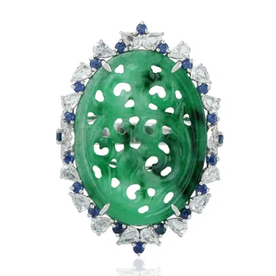 Artisan Women's Blue / White / Green Jade & Blue Sapphire With Diamond In 18k White Gold Ring