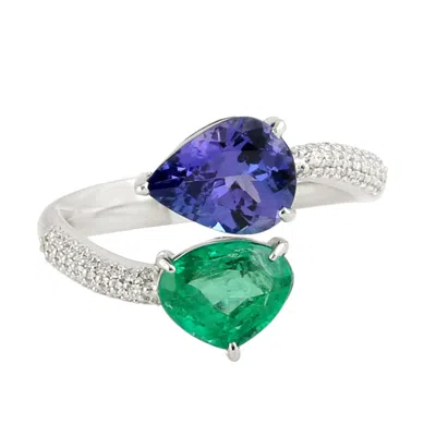 Artisan Women's Blue / White / Green Tanzanite & Emerald Gemstone Diamond Bypass Ring In White Gold