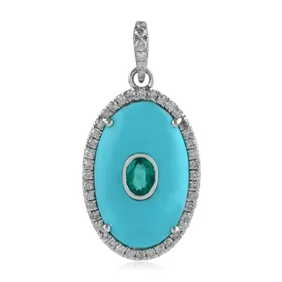 Artisan Women's Blue / White Handmade Pendant Emerald Diamond 18k White Gold Jewelry