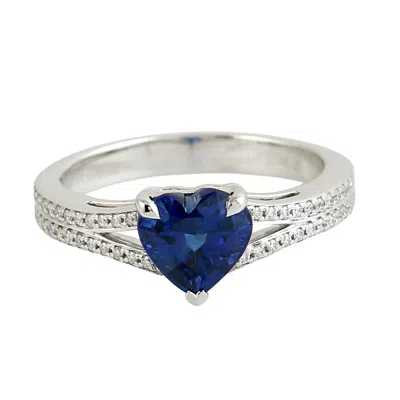 Artisan Women's Blue / White Heart Cut Blue Sapphire Pave Diamond Band Ring In 18k White Gold