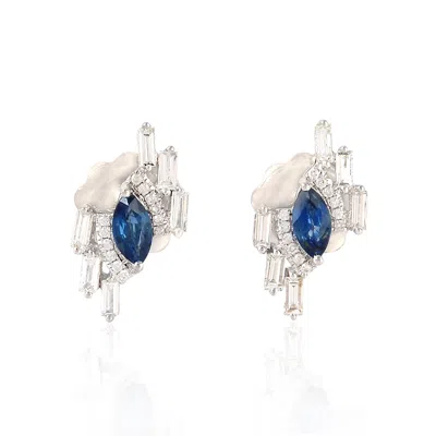 Artisan Women's Blue / White Natural Blue Sapphire & Diamond In White Gold Stud Earrings In Multi