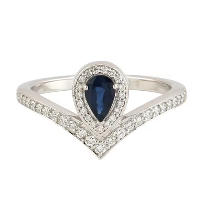 Artisan Women's Blue / White Pear Cut Blue Sapphire Diamond V Ring In 18k White Gold In Blue/white