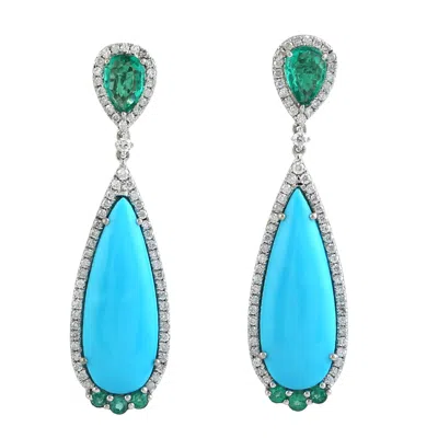 Artisan Women's Blue / White Pear Cut Turquoise & Emerald Pave Diamond Dangle Earrings In White Gold In Multi