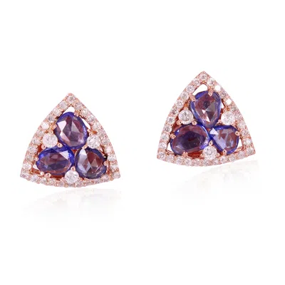 Artisan Women's Blue / White / Rose Gold Blue Sapphire Triangle Stud Earrings In Rose Gold – Pave Diamond Ge In Multi