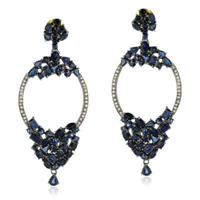 Artisan Women's Blue / White / Silver Pave Diamond Gold Silver Blue Sapphire Dangle Earrings Designer Jewelr In Blue/white/silver