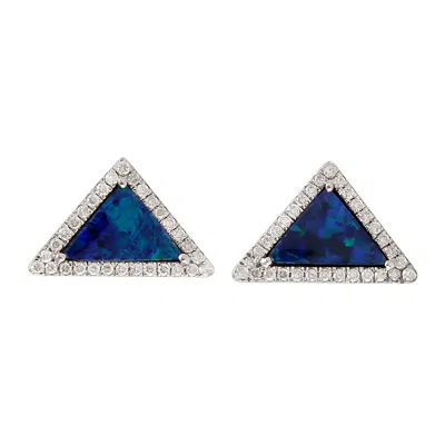 Artisan Women's Blue / White Triangle Opal & Diamond Halo Stud Earrings In 18k White Gold