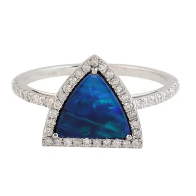 Artisan Women's Blue / White Trillion Diamond & Opal Doublet Gemstone Ring In White Gold In Silver