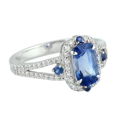 Artisan Women's Blue / White White Gold With Blue Sapphire Gemstone & Diamond Solitaire Ring In Metallic