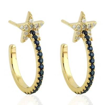 Artisan Women's Blue / Yellow / Orange Natural Diamond & Blue Sapphire Star Hoop Earrings In Yellow Gold