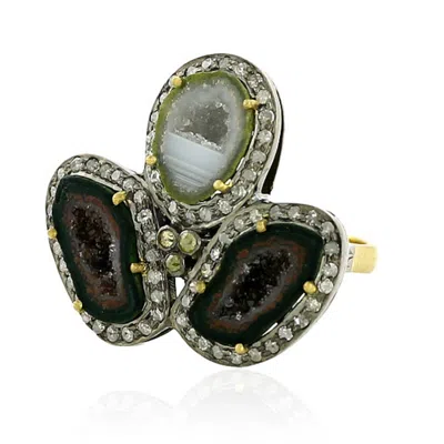 Artisan Women's Brown / Gold Oval Geode & Diamond Cocktail Ring In 18k Gold 925 Silver