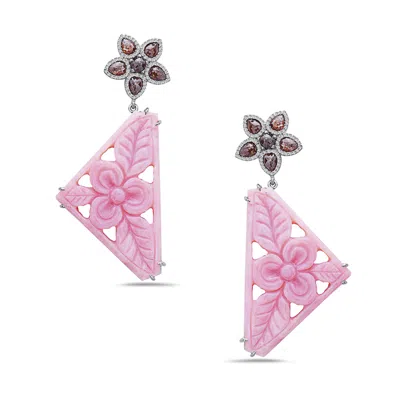Artisan Women's Brown / Pink / White Handcrafted Carved Opal & Ice Diamond Earrings In White Gold In Multi