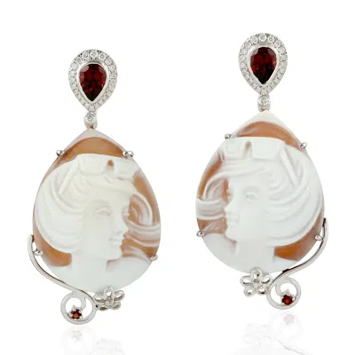Artisan Women's Brown / Red / White 18k White Gold Cameo, Garnet & Diamond Drop Earrings