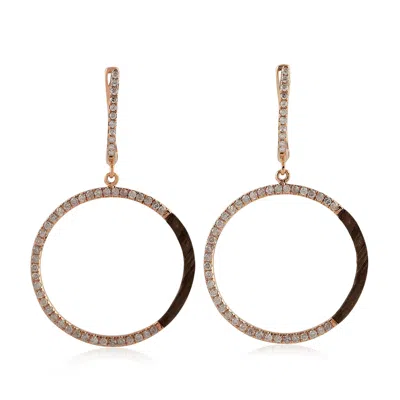 Artisan Women's Brown / Rose Gold / White Designer Wood & Diamond Round Dangle Earrings In 14k Rose Gold