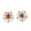 Artisan Women's Brown / White Designer Ice Diamond Flower Stud Earrings In 18k White Gold In White