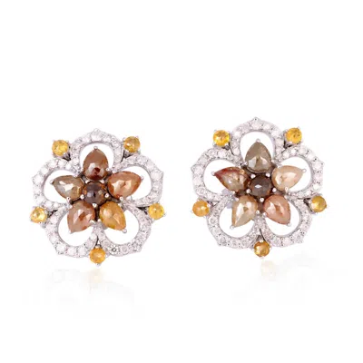Artisan Women's Brown / White Designer Ice Diamond Flower Stud Earrings In 18k White Gold