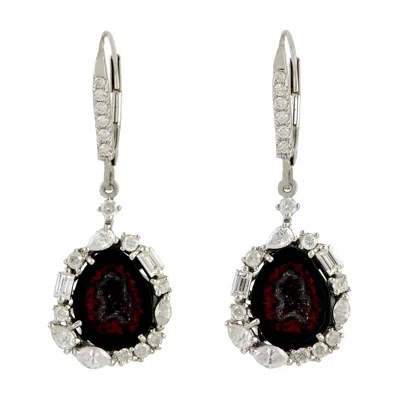 Artisan Women's Brown / White Geode And Diamond Statement Huggie Earrings In White Gold In Multi