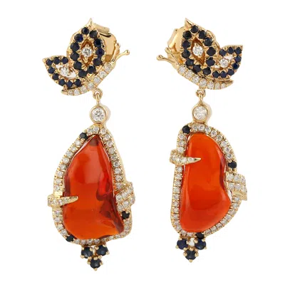 Artisan Women's Butterfly Earrings In Gold – Unshaped Fire Opal, Blue Sapphire & Pave Diamond Design