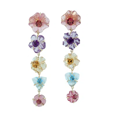 Artisan Women's Carved Mixed Stone & Tourmaline Flower Earrings In 14k Yellow Gold In Multi