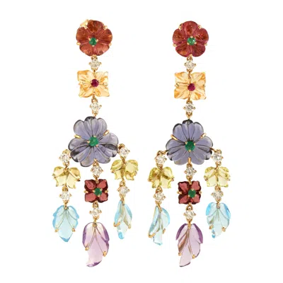 Artisan Women's Carved Multi Gemstone Prong Diamond Flower Earrings In Gold