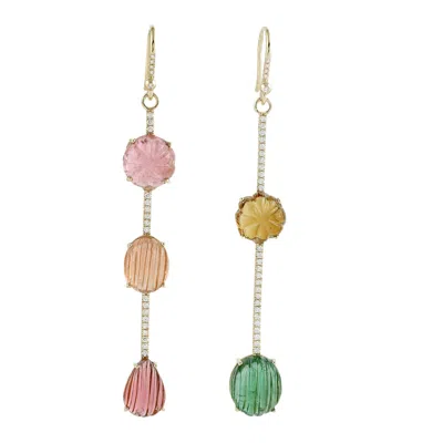 Artisan Women's Carved Multi Tourmaline & Diamond Drop Earrings In 14k Yellow Gold
