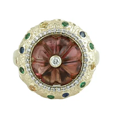 Artisan Women's Carved Tourmaline, Diamond, Tsavorite & Multi Sapphire Ring In 14k Gold