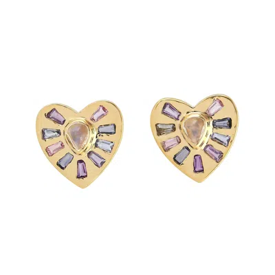 Artisan Women's Colorful Mixed Gemstone Heart Stud Earrings In 18k Gold