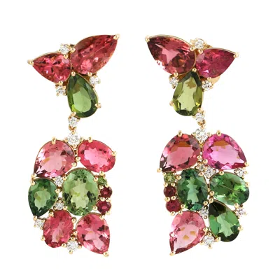 Artisan Women's Colorful Tourmaline Gemstone Pave Diamond In 18k Solid Gold Designer Dangle Earrings In Animal Print