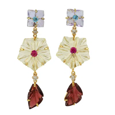 Artisan Women's Designer Carved Flower Earrings Featuring Multi-gemstones