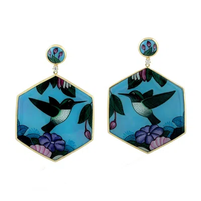 Artisan Women's Designer Yellow Gold Bird Enamel Earrings With Diamonds & Mother Of Pearl In Blue