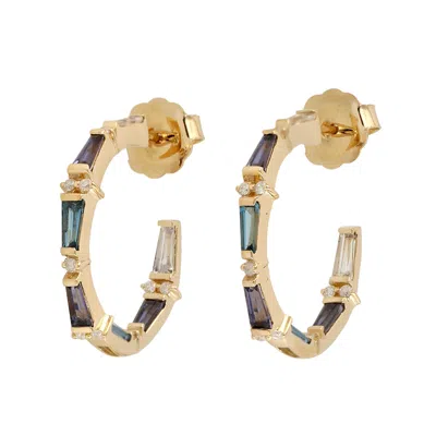 Artisan Women's Elegant Diamond & Iolite Gemstone Hoop Earrings In Gold In Multi