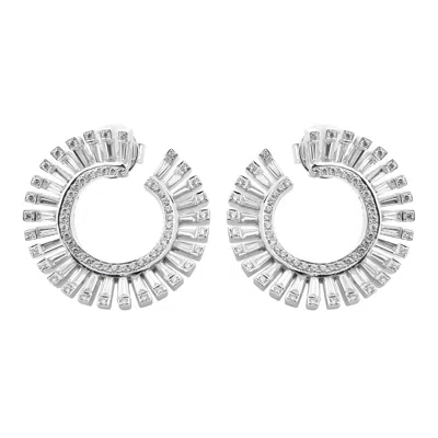 Artisan Women's Elegant Sunburst Hoop Earrings In 18k White Gold With Baguette & Round Diamond