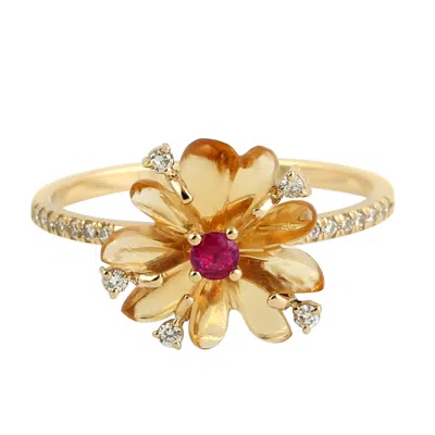 Artisan Women's Forget Me Not Flower Ring Carved Mix Stone & Ruby With Pave Diamond Accent In 18k Gold In Yellow