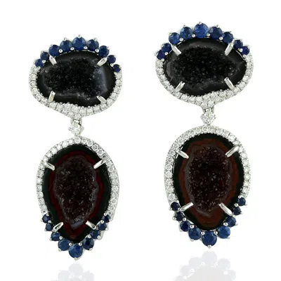 Artisan Women's Geode & Blue Sapphire Pave Diamond Dangle Earrings In 18k White Gold