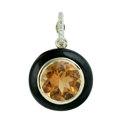 Artisan Women's Gold / Black 14k Yellow Gold Black Enamel Citrine & Diamond Pendant In Gold/black