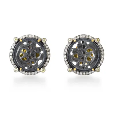 Artisan Women's Gold / Black 18k Gold & Silver Carved Jade Diamond Stud Earrings In Gray