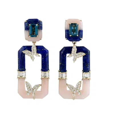 Artisan Women's Gold / Blue 14k Yellow Gold Lapis, Pink Opal, Diamond & London Topaz Butterfly Earrings