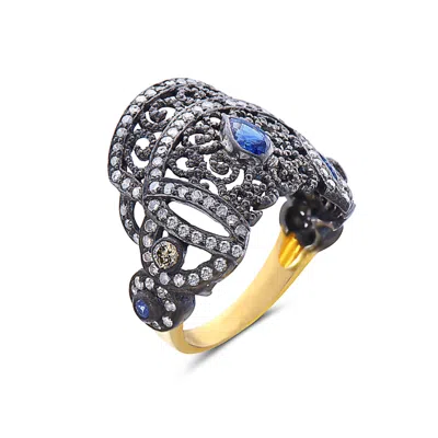 Artisan Women's Gold / Blue 18k Gold & Silver With Blue Sapphire And Diamond Vintage Ring In Gray