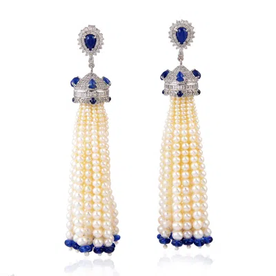 Artisan Women's Gold / Blue 18k White Gold & Silver Sapphire, Pearl & Diamond Thread Drop Earrings In Neutral