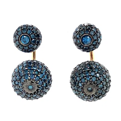 Artisan Women's Gold / Blue Colored Diamond Double Side Tunnel Earrings In 14k Yellow Gold