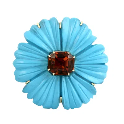 Artisan Women's Gold / Blue / Pink Octagon Tourmaline & Carving Turquoise Flower Pendant In Gold