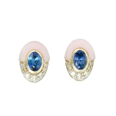 Artisan Women's Gold / Blue / Pink Sapphire, Pink Opal & Diamond Stud Earrings In 14k Yellow Gold In Gold/blue/pink