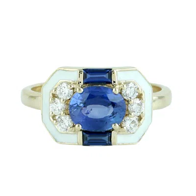 Artisan Women's Gold / Blue / White 14k Yellow Gold Sapphire, Diamond & Enamel Art Deco Ring In Multi