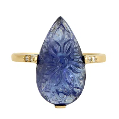 Artisan Women's Gold / Blue / White 18k Gold Flower Ring With Carved Tanzanite & Diamonds