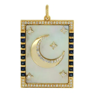 Artisan Women's Gold / Blue / White Mother Of Pearl & Blue Sapphire With Diamond In 14k Gold Crescent Moon S In Animal Print