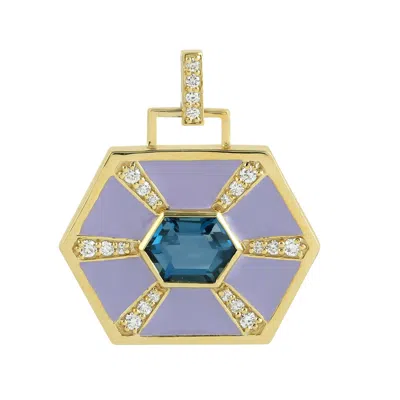 Artisan Women's Gold / Blue / White Natural London Topaz & Diamond Enamel Hexagon Pendant In Gold