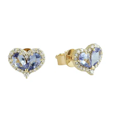 Artisan Women's Gold / Blue / White Natural Tanzanite & Diamond Heart Stud Earrings In Yellow Gold In Multi