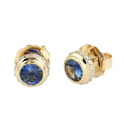 Artisan Women's Gold / Blue / White Round Blue Sapphire & Diamond Stud Earrings In Yellow Gold In Multi